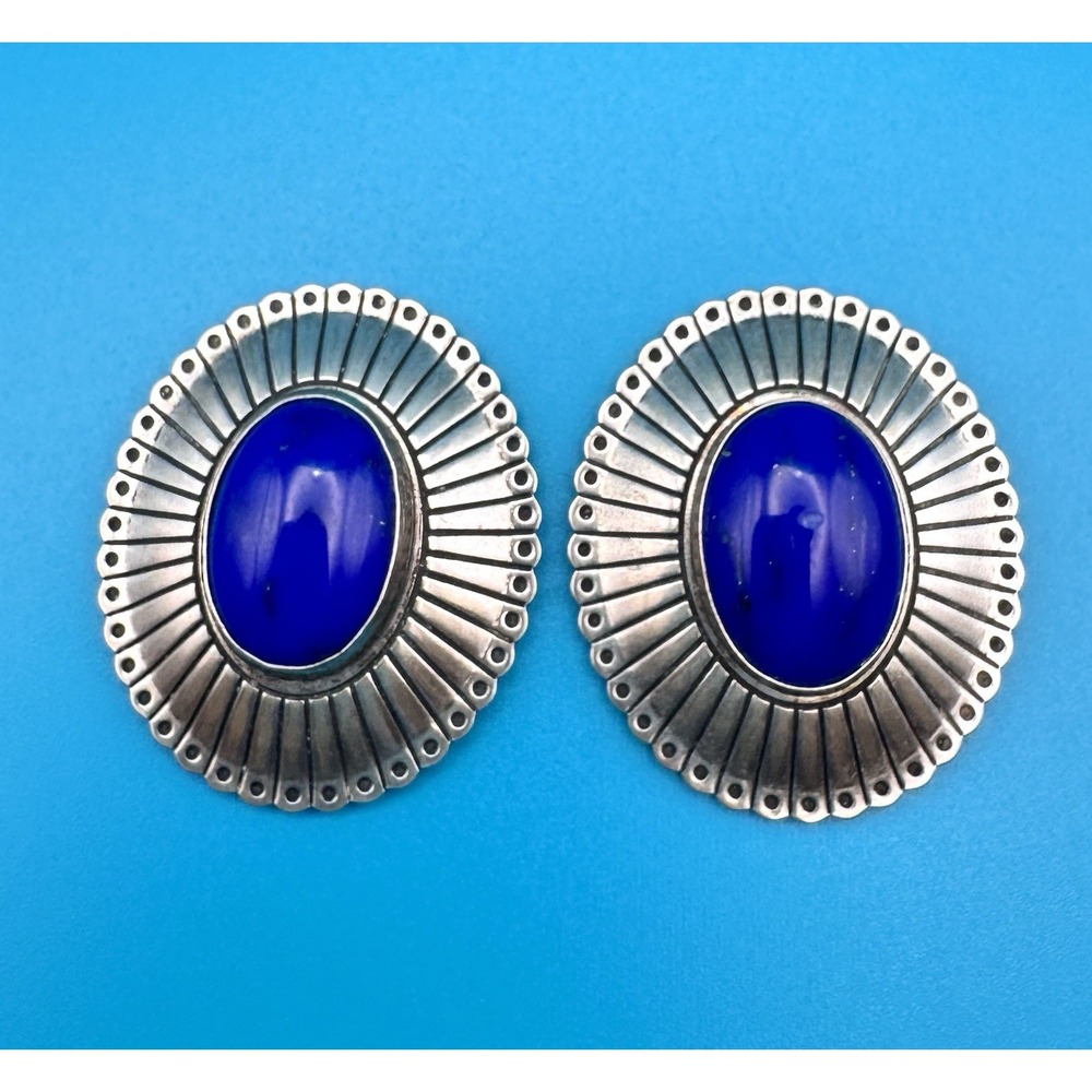 Navajo Sterling Silver Lapis Lazuli Concho Button Covers Pair 18g Vintage